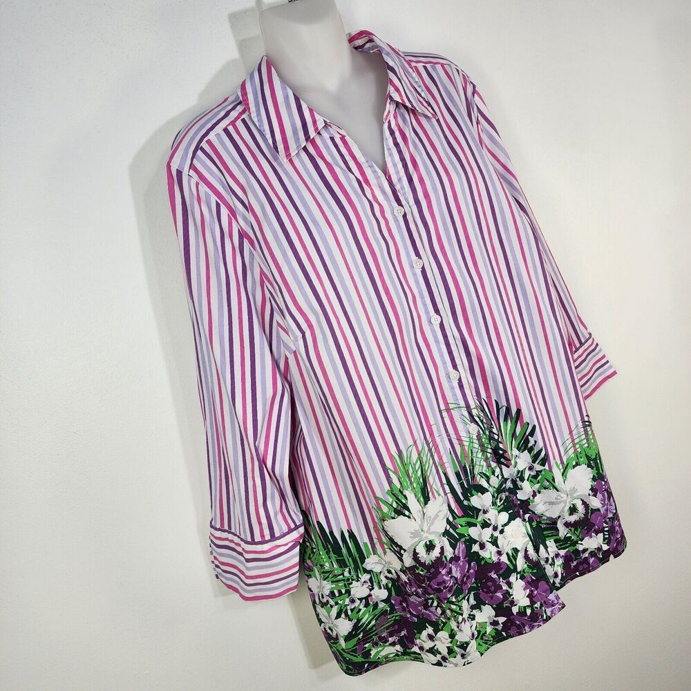 Denim & Co. Tunic Shirt XL Printed Button Front Flip Cuff Striped Purple A378276 - Picture 4 of 10